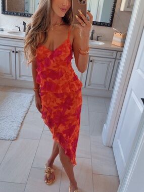 Hello Molly Orange & Pink Floral Asymmetrical Midi Dress